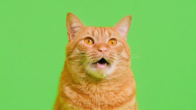 A surprised orange cat meows loudly in front of a green screen in this funny video.