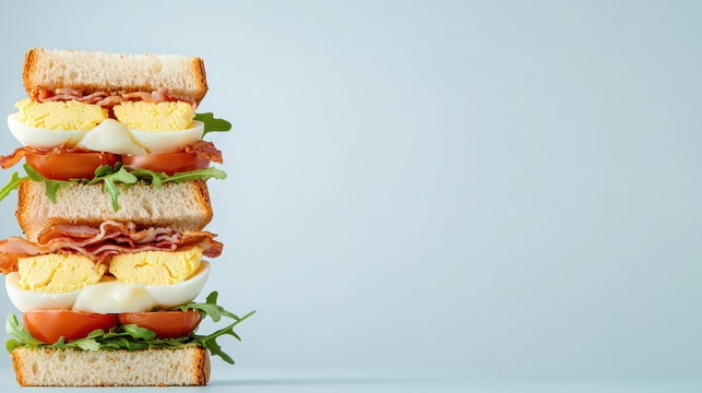 Delicious sandwich tower featuring layers of bacon, egg, tomato, and arugula, showcasing fresh and appetizing presentation