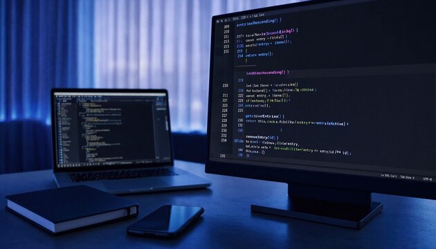 Desktop Computer Screens Show Coding Language User Interface. Program Development, Code, web programming concept. 3d rendering