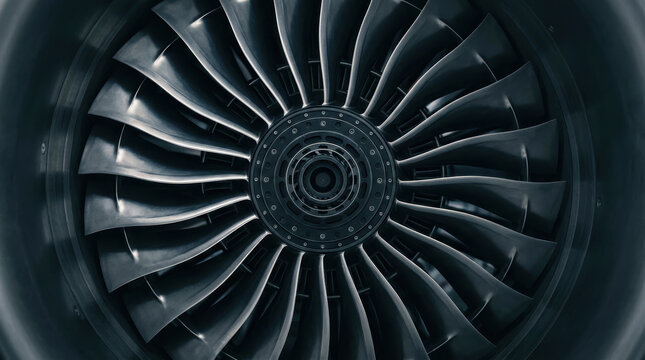 Jet engine turbine aero industry technology close up with metal blades and circular design for power and efficiency