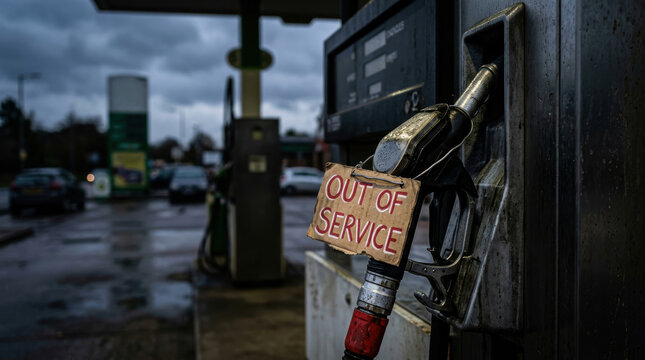 Fuel pump gas station out of service crisis supply shortage global impact transportation energy urban weather rain vehicle industry economy