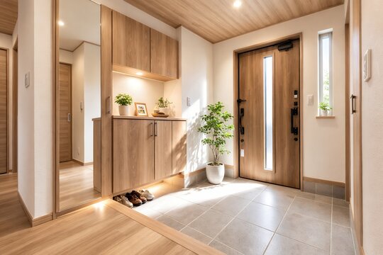 明るい太陽の光が差し込む木目調の清潔感あふれるモダンな住宅の玄関インテリア空間