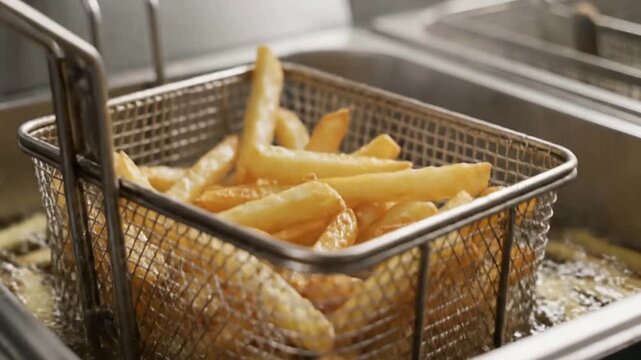 Macro Close-Up Of Golden French Fries Frying In A Deep Fryer Basket With Bubbling Oil Ideal For Culinary And Food Preparation Imagery