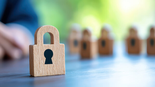 Wooden padlock symbolizes security and protection, representing safety in various contexts. blurred background enhances focus on lock