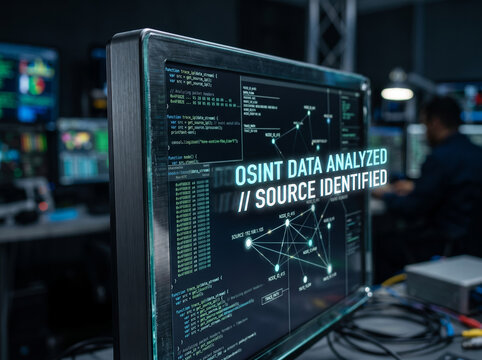 High Tech Computer Monitor Displaying OSINT Data Analysis