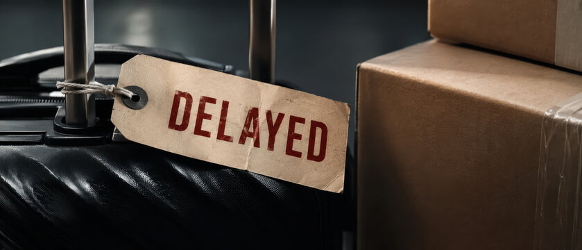 Delayed tag on black suitcase near cardboard box represents global supply chain crisis affecting timely delivery