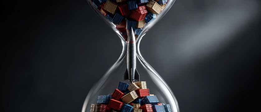 Global supply chain crisis concept with hourglass filled with cargo container and rocket in middle symbolizing urgency and delay