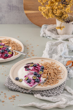 Healthy Breakfast Bowl with Yogurt Granola and Fresh Blueberries