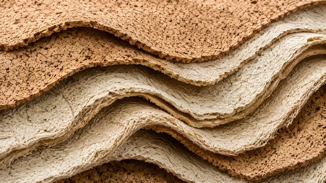 Abstract wavy layers of natural cork and fibrous eco material texture