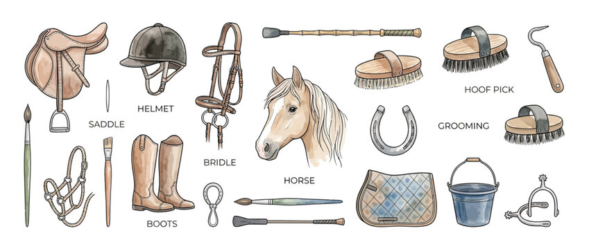 Equestrian Gear and Horse Head Collection, Isolated on Transparent