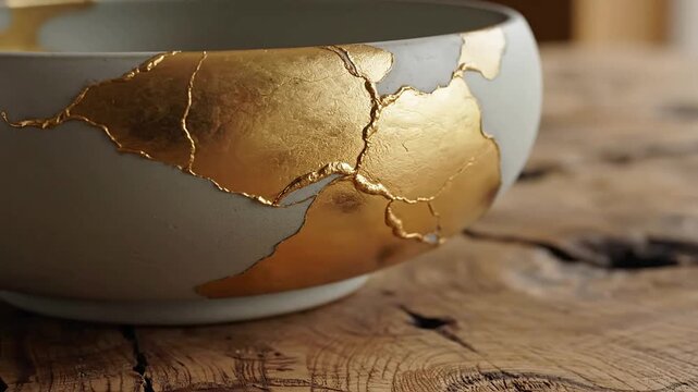 Macro Photography Of A Minimalist Ceramic Bowl Beautifully Repaired With Gold Using Kintsugi Technique On A Natural Wood Background