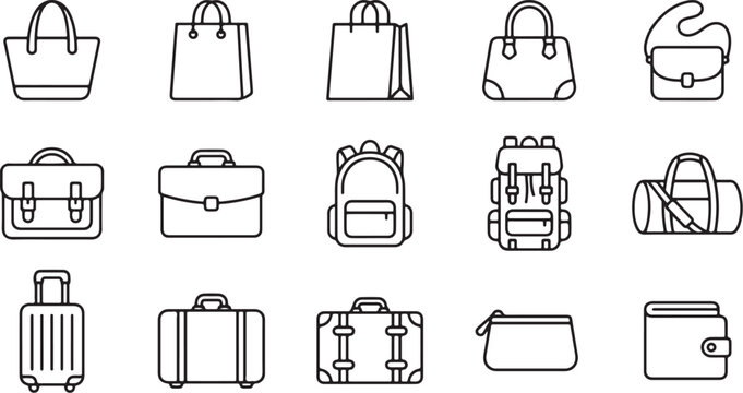 Fashion handbag briefcase backpack suitcase luggage line art icon set vector