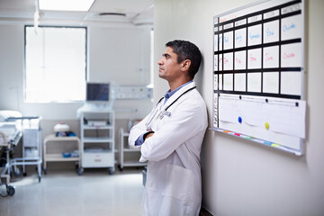 Naklejka na ściany i meble Man, doctor and stress in hospital with schedule, thinking or bad news with operation mistake. Mental health, physician and medical person with doubt for loss, serious or failed surgery in clinic