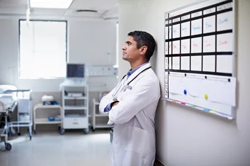 Fotobehang Onderzeeër Man, doctor and stress in hospital with schedule, thinking or bad news with operation mistake. Mental health, physician and medical person with doubt for loss, serious or failed surgery in clinic  © peopleimages.com