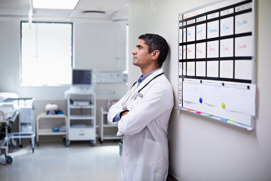 Man, doctor and stress in hospital with schedule, thinking or bad news with operation mistake. Mental health, physician and medical person with doubt for loss, serious or failed surgery in clinic