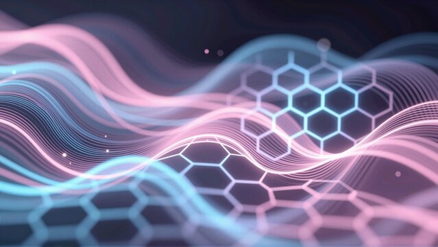 abstract digital art dark background features series curved lines different shades pink blue creating wave like pattern lines arranged way creates sense movement energy center hexagonal structure