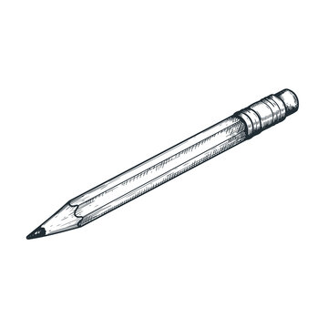 Hand drawn sketch style graphite pencil with eraser. Vintage art stationary artistic supply. Vector illustration isolated on white.