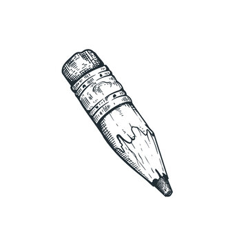 Hand drawn sketch style graphite worn-down pencil with eraser. Vintage art stationary artistic supply. Vector illustration isolated on white.