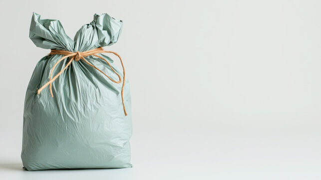 Tied trash bag in light green color, secured with twine, sits against plain background, conveying sense of cleanliness and organization