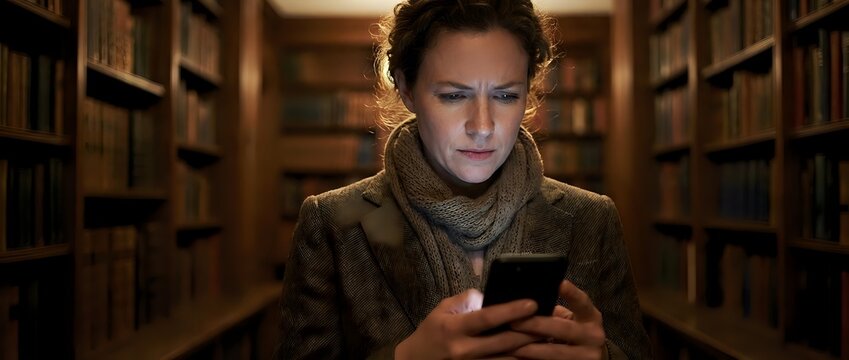 Concerned woman checking smartphone message in library aisle among bookshelves