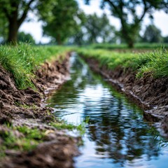 Fototapeta premium Shallow agricultural irrigation ditch lined with fresh soil and green grass under trees reflecting in water on a sunny day