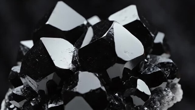Close-up Macro Shot of Shiny Black Crystals on a Rocky Surface, Natural Gemstone Formation