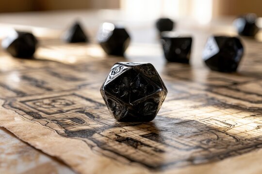 Multi-sided black gaming dice on an ancient fantasy treasure map with warm sunlight casting soft shadows in a tabletop role-playing game setting