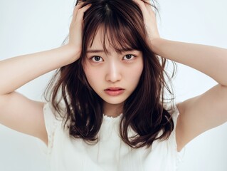 Naklejka premium 両手で頭を抱えながら不安げな表情でこちらを見つめる深刻な悩みを抱えた茶髪の若い女性
