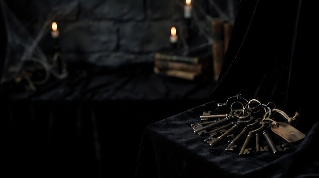 Antique keys arranged in a fan pattern on dark fabric