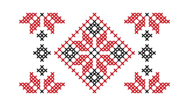 Animated Ukrainian Embroidery Ornament Forming from Individual Cross Stitches, Red and Black Vyshyvanka Pattern Assembly, Traditional Folk Motion Graphic on White Background