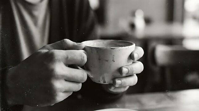 Close up of person hands holding a hot cup of coffee in a vintage black and white style
