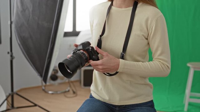 Woman holding dslr camera with strap, mouth open speaking while adjusting lens in studio with green screen, softbox and window light; concentration teaching.