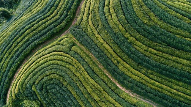 The Terraced Fields on Emerald Hills Capturing Serpentine Green Pattern from Above