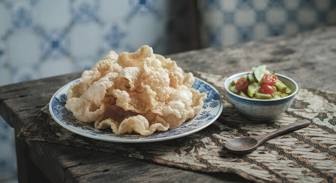 Crispy Indonesian shrimp crackers, known as kerupuk udang, served with fresh cucumber and tomato salad on a decorative plate in a rustic Indonesian-Dutch inspired setting.
