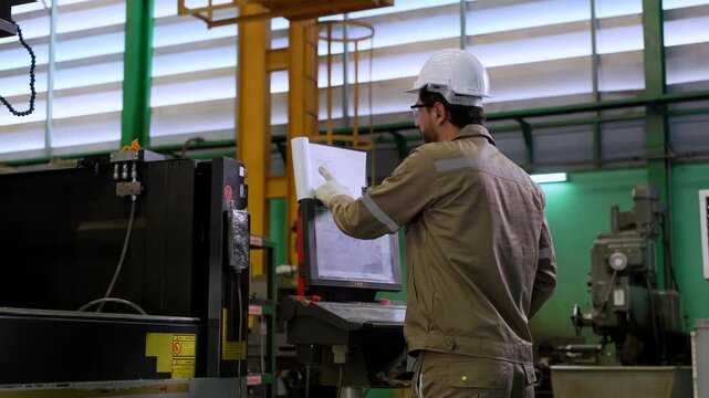 Engineer factory hard hat blueprint machine worker inspection industrial workshop safety equipment check near laptop in manufacturing plant with technician wearing helmet and uniform