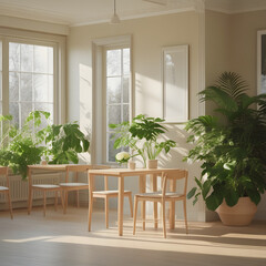 Fototapeta premium Bright and serene interior room filled with lush green houseplants and minimalist wooden furniture