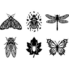 Naklejka premium Tribal insect silhouette collection, 6 black bug vector icons, mystical butterfly and beetle stencils, nature tattoo art elements