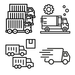Fototapeta premium Set of minimalist logistics and delivery trucks icons with clean line art style and transparent background PNG for shipping and warehouse management applications