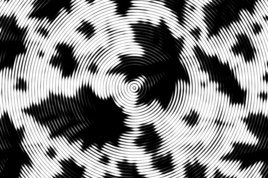 Monochrome optical illusion art with concentric circles and distorted dark shapes