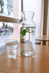 A glass carafe filled with fresh water and fresh mint leaves © Julia