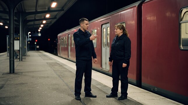 Schicht&uuml;bergabe am Bahnsteig bei Nacht in Halbtotale