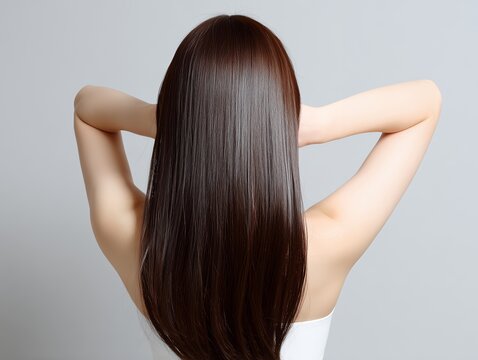 自分の両手で頭の後ろを優しく包み込み美しい艶のあるロングヘアを見せる後ろ姿の女性