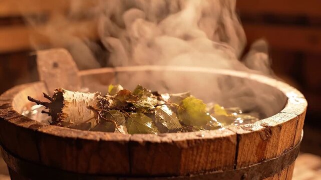 Person places a leafy birch whisk into a steaming wooden sauna tub for traditional bath ritual and wellness relaxation