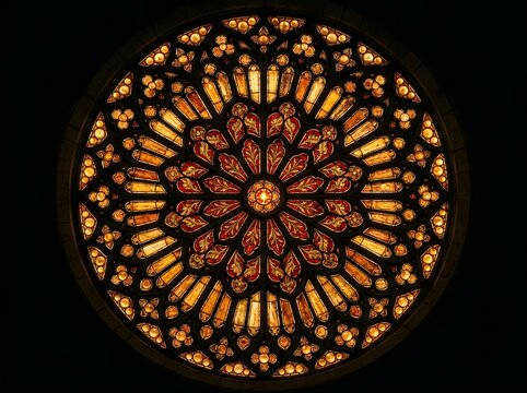 A beautiful circular stained glass rose window featuring intricate geometric patterns and warm golden amber tones set against a deep dark black background