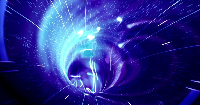 Abstract futuristic tunnel with glowing neon light streaks moving in a seamless loop background. 4K 3D Animation.