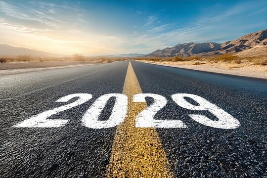 Asphalt Road Leading Into the Horizon Featuring Numeric Signs for the Year 2029 Future Planning