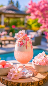 Refreshing pink floral summer drink decorated with delicate cherry blossoms, peach pieces, and creamy topping, served outdoors beside a pool in a vibrant Japanese-inspired setting.