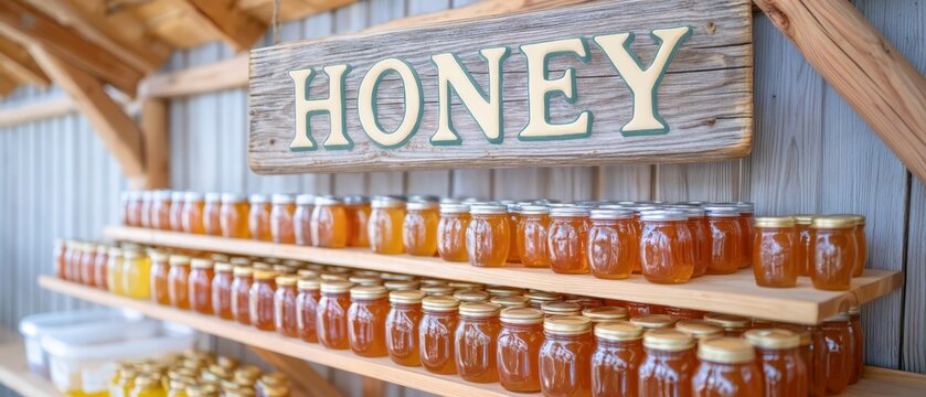 Rows of golden honey jars displayed on rustic wooden shelves beneath a vintage HONEY sign, showcasing natural beekeeping products in a charming farm shop.