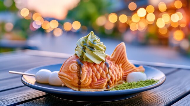 Japanese fish-shaped taiyaki dessert topped with matcha ice cream and mochi, beautifully plated with soft bokeh lights in a cozy outdoor cafe setting.