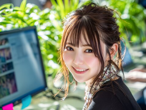 オフィスでパソコン作業中にこちらを振り向いて微笑むヘアスタイルが素敵なビジネスウーマン